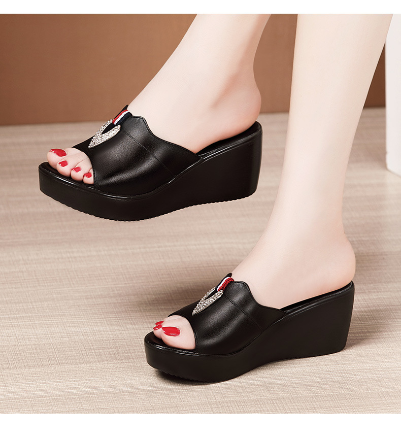 Dép quai ngang đính đá cao gót nữ đế xuồng 6 cm mũi cá miệng — Đỏ 6cm, Màu trắng 6cm, Màu đen 6cm chi tiết 13