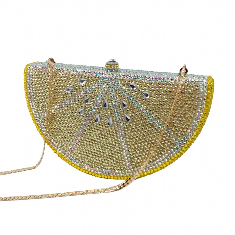 Túi clutch nữ đính đá hình quả chanh, hộp cứng kim cương đáy phẳng, kèm dây xích 48 cm — Màu vàng chi tiết 13