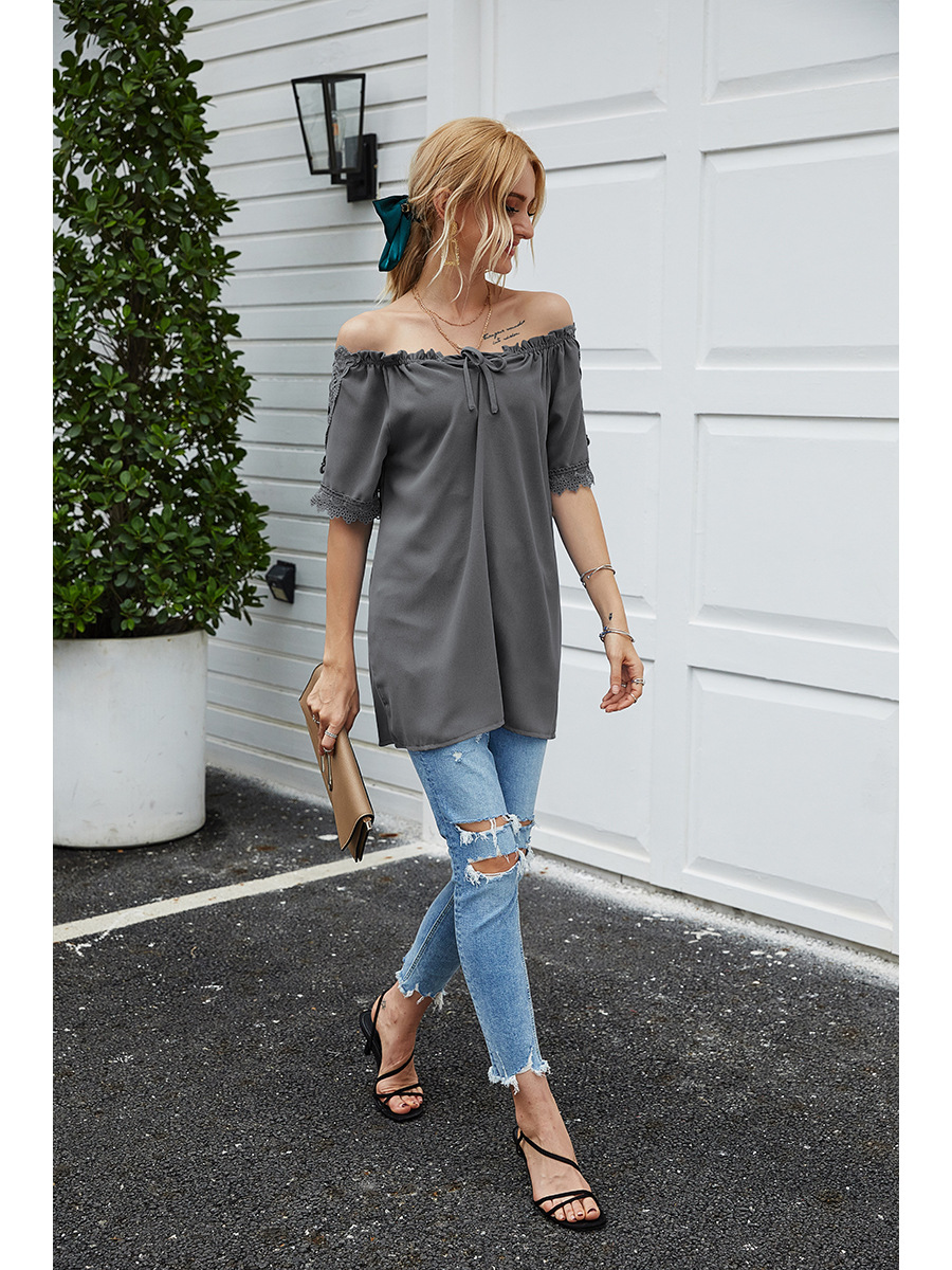 solid color lace one-shoulder hooded casual short-sleeved T-shirt NSAL2880