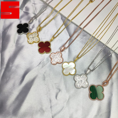 925銀四葉草長款毛衣鏈女鍍金時尚百搭雙戴可變款白貝滿鑽鎖骨鏈