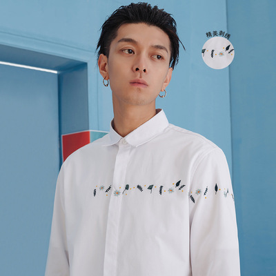 男士長袖襯衫2020秋季韓版時尚刺繡白色襯衣男潮牌學生休閑上衣潮