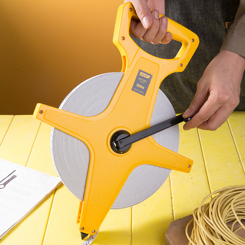 得力工具架式皮卷尺纤维长尺长100米测量手提尺米尺DL98100