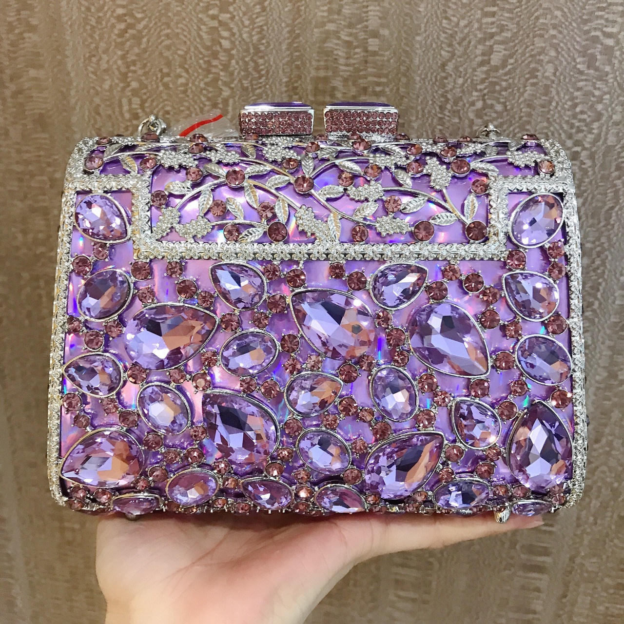 Túi xách tay mini nữ đính kim cương dạ tiệc kim loại vuông nhỏ — Hoa violet chi tiết 4