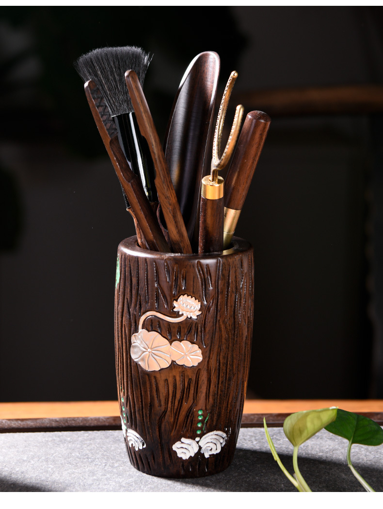 Ebony Lotus Liujunzi suit Kungfu Online Tea ceremony Spare parts high-grade alloy Tea knife Tea spoon solid wood Tea folder