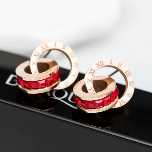 European and American Roman Diamond New Creative Earrings Rose Gold Titanium Steel Earrings Women's Double Ring Popular Earrings Jewelry
