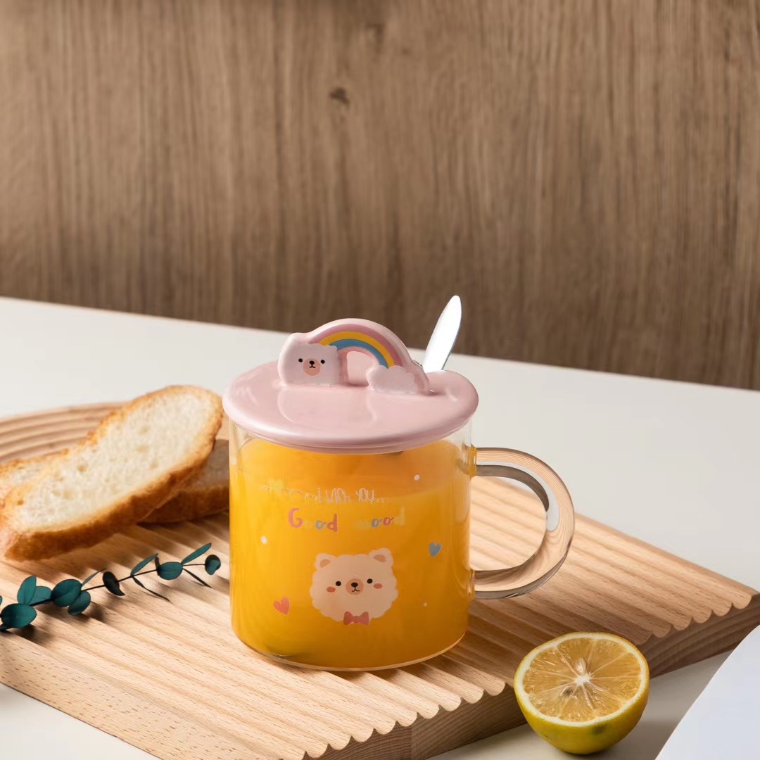 Lindo alpaca de dibujos animados de vidrio resistente a altas temperaturas taza de agua con tapa cuchara taza transparente regalo creativo taza de café