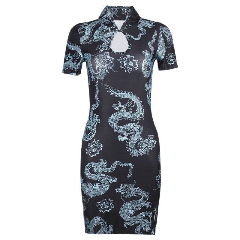 retro dragon print collar short-sleeved split cheongsam dress NSMEI54912