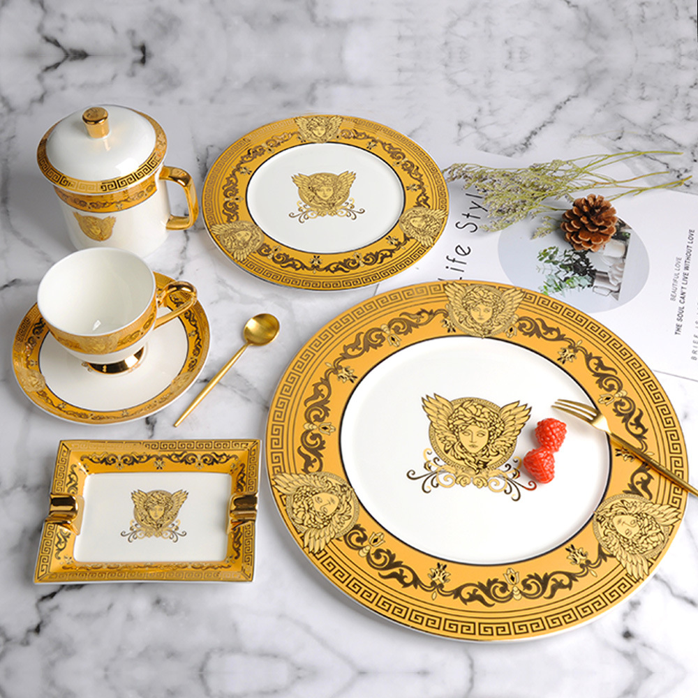 骨瓷餐具套装真金花纸茶杯碟子烟缸套装马克杯会议水杯带盖办公杯