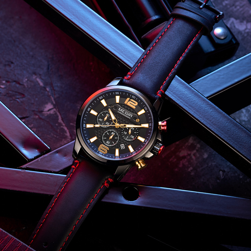 新品美格尔MEGIR男士 手表多功能计时真皮运动石英表一件代发2156
