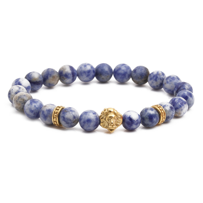 Fashion Stainless Steel Lion Head Bracelet Natural White Dot Blue Stone Beaded Men And Women Bracelet display picture 1