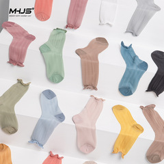 Cotton Spirit 15 Color Glass Silk Socks Women's Spring and Summer Thin Mid-Tube Socks Japanese Roll Top Solid Color Ins Trendy Socks