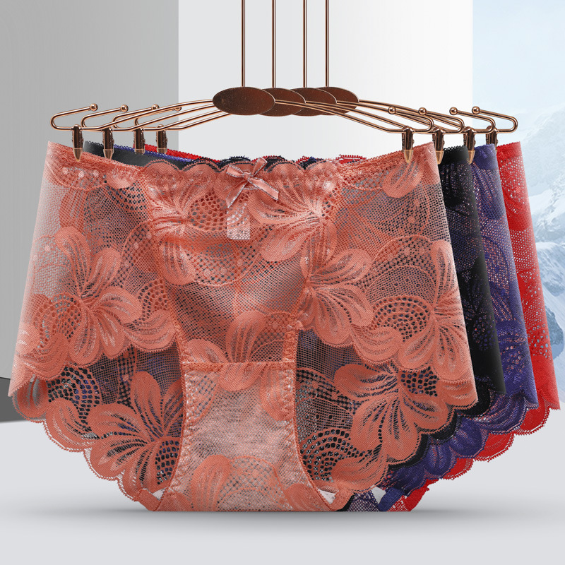 性感蕾絲女士內褲中腰大碼加肥無痕抗菌棉裆透明女性提臀三角內褲