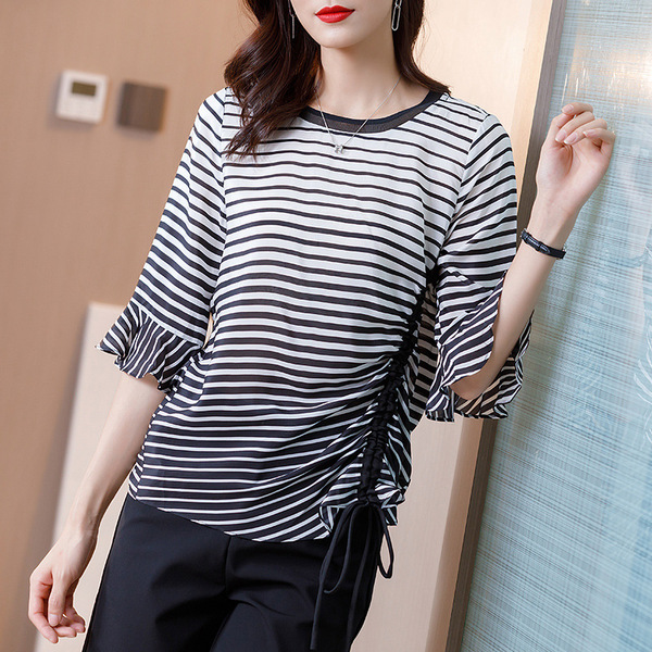 Silk shirt women’s fashion stripe all over show thin popular silk top women’s wear