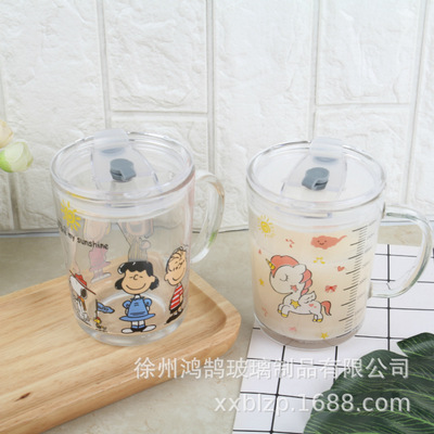 household baby Milk Cup With cover Scale Cup children Straw cup Glass Breakfast Cup Microwave Oven Heating Cup