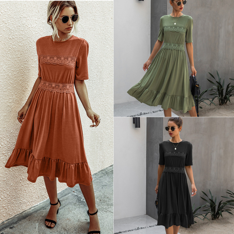 Amazon 2021 New Spring and Summer Fashionable Patchwork Lace Round Neck Slimming Women's Dress B202Lqm020