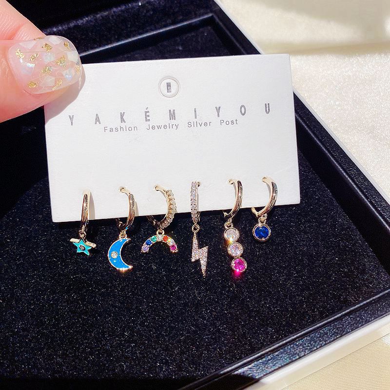 Korea Ear Buckle 6-piece Set Of Oil Star And Moon Rainbow Lightning Zircon Earrings Wholesale Nihaojewelry display picture 4