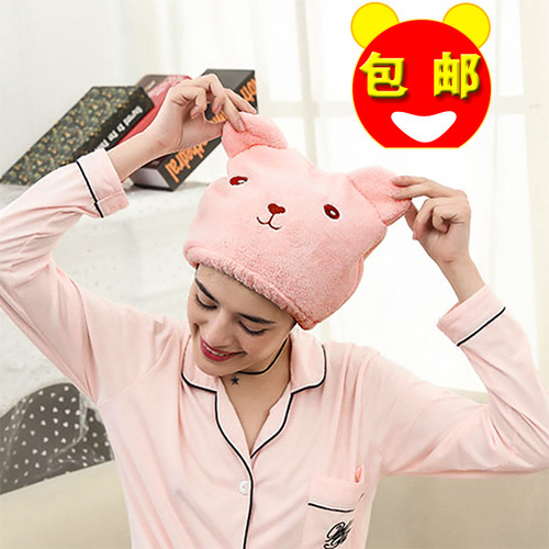Cartoon thickened embroidered coral velvet bear dry hair hat women's fine fiber strong water-absorbent quick-drying turban cross-border wholesale