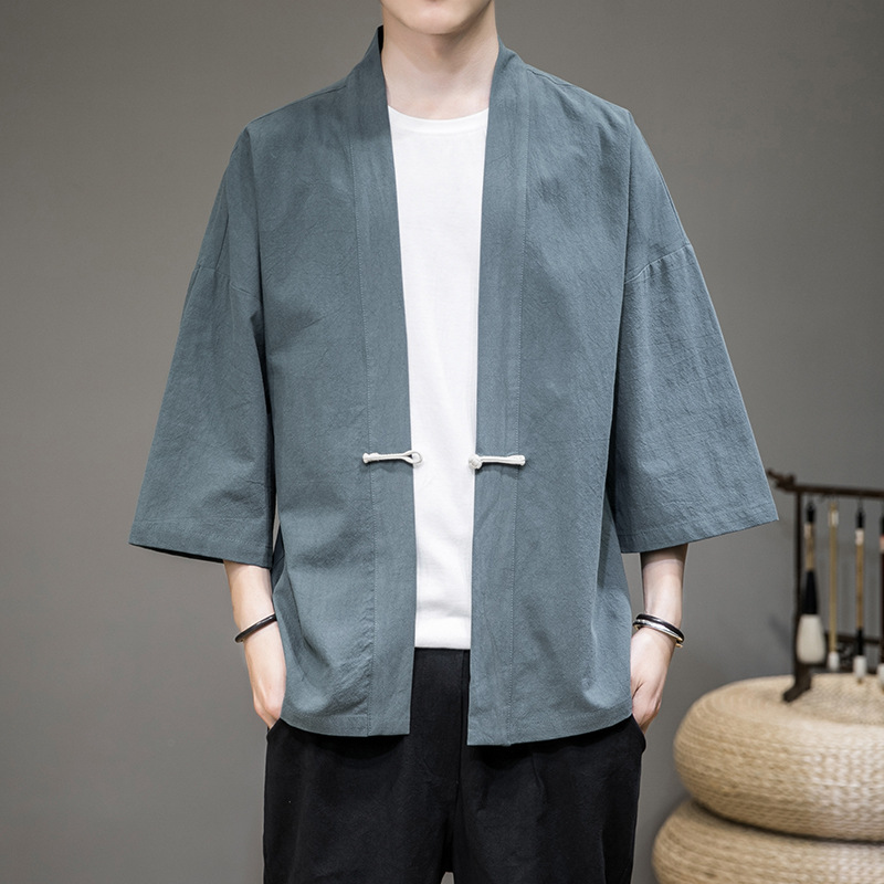 Summer new men's solid color Hanfu national style button loose large size 7 / 3 sleeve cardigan coat men's thin jacket