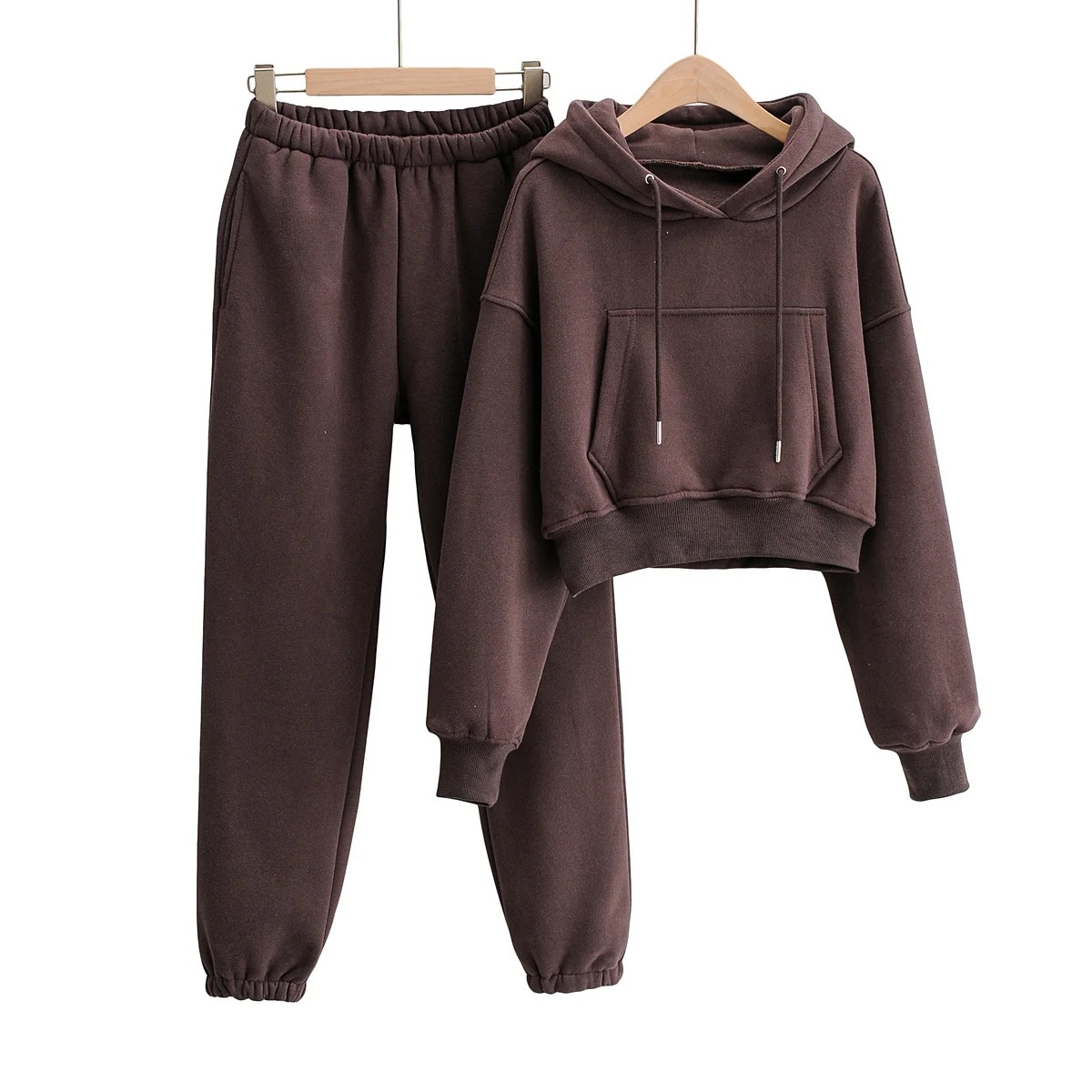 Fleece Casual Solid Color Pullover Sweatshirt Elastic Sweatpants Set NSZQW115396