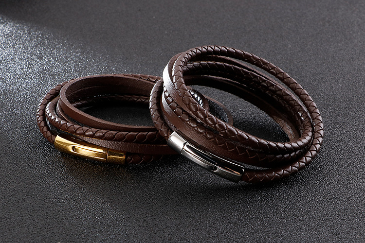 304 Stainless Steel Chain Material Handmade Chain Chain Type Hip-Hop Retro Geometric Stainless Steel Leather Braid Men's Wristband Men Cord & Leather Bracelets