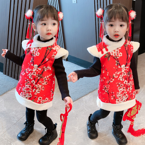 Children qipao cheongsam dress children's Plush dress children's plum blossom  photos shooting birthday gift cheongsam dress