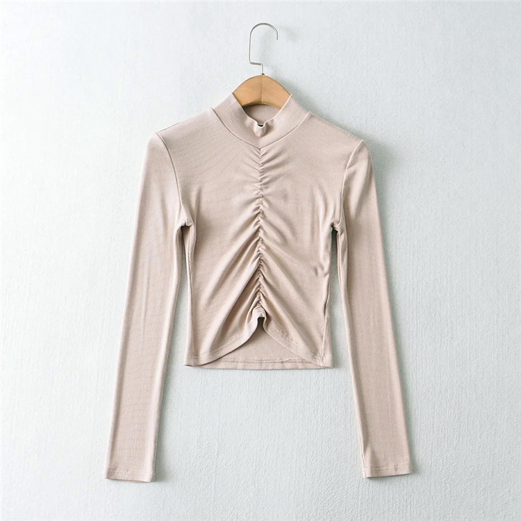 Solid Color Hedging Long Sleeve Pleated T-shirt NSLD15048