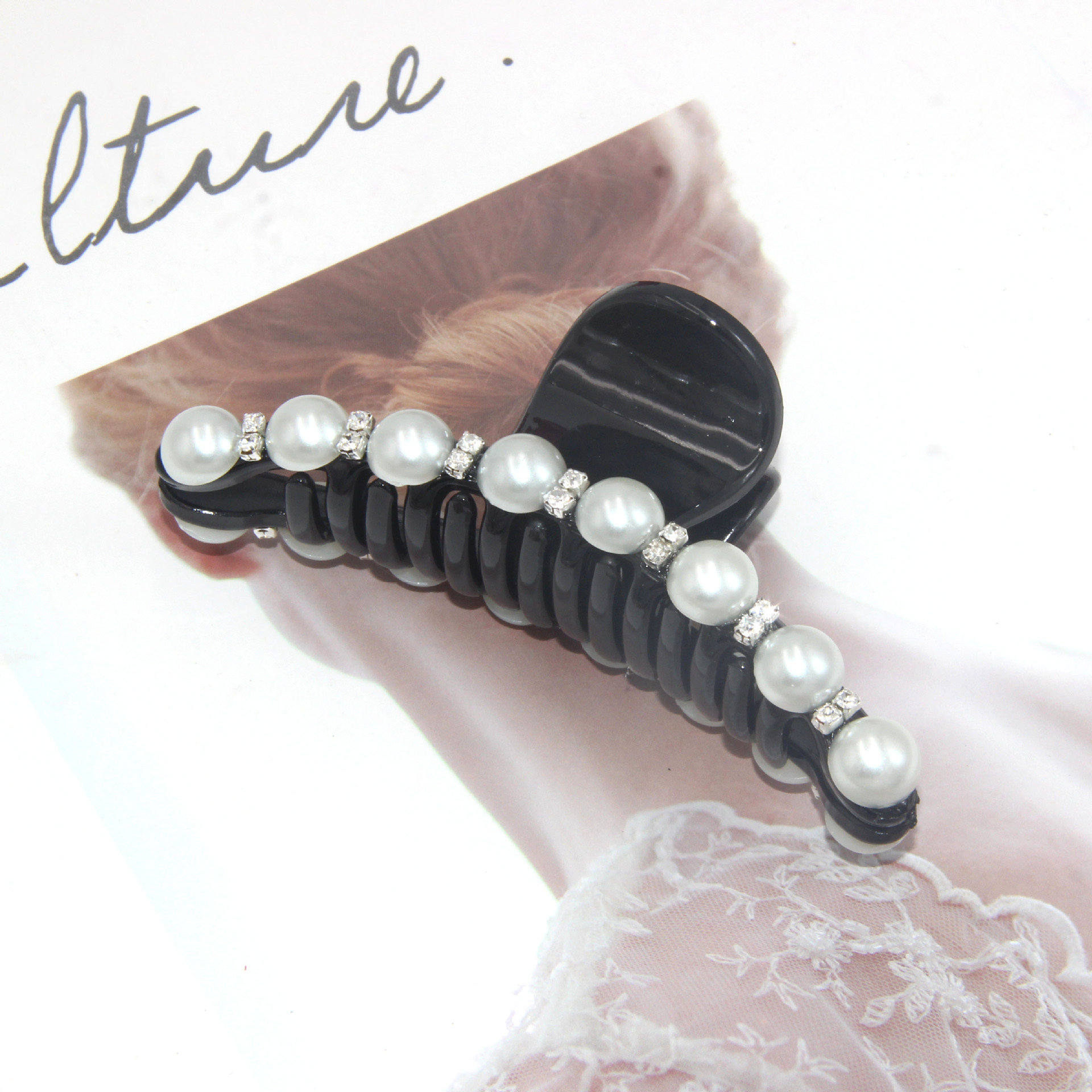 Pearl inlaid diamond black 9.5 cm long