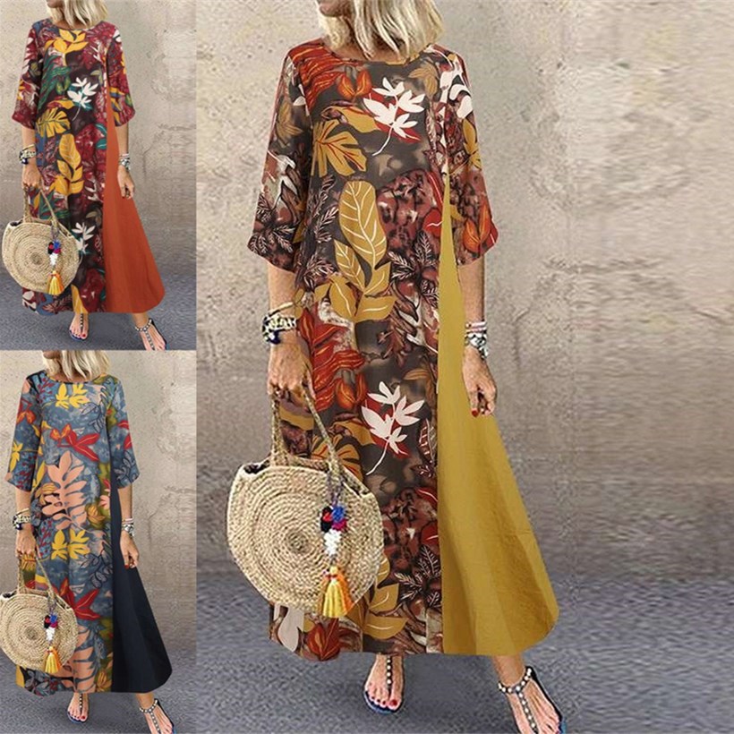 Amazon Europe 2020 Autumn lady Retro Dress Cotton and hemp flowers and plants 3/4 Mosaic Large Dress