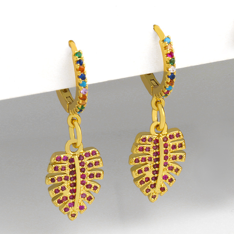 Creative Leaf Micro-inlaid Colorful Zircon Earrings display picture 2