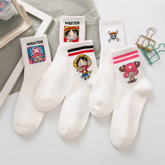 Summer and Autumn New Cotton Women's Socks Cartoon Anime Luffy and Sanji Mid-Calf Socks Striped Cotton Socks Japanese Style Short Socks Trendy