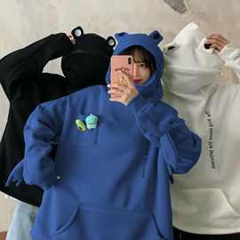 卫衣女韩版潮秋冬情侣装外贸青蛙套头卫衣女连帽男女帽衫加绒加厚