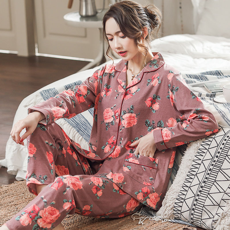 100% pijamas de algodón de las mujeres de primavera y otoño impreso pantalones de manga larga Traje de dos piezas de mediana edad y mayor invierno homewear