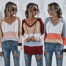 亚马逊ebay2020年秋季爆款撞色连帽V领系带长袖拼色针织衫2346