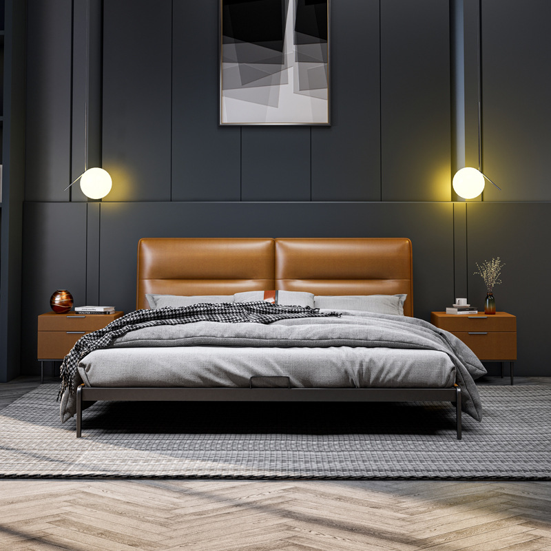 Cama matrimonial moderna minimalista de tamaño king de 1.8 m, cama de matrimonio de cuero genuino, cama tapizada con estructura de hierro, capa superior suave de estilo italiano minimalista