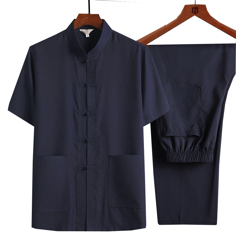 夏季棉麻中老年宽松唐装套装男士短袖亚麻中式太极服晨练居士汉服