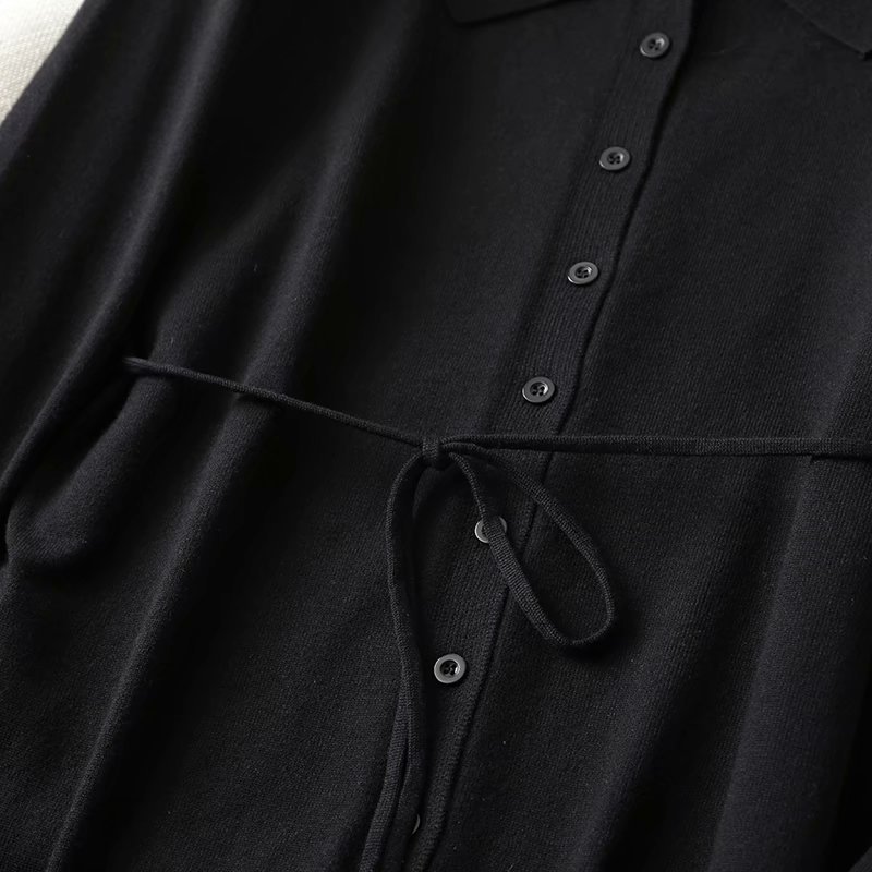 Pure Color Polo Lapel Lace Up Waist Long Sleeve Dress  NSAM5864