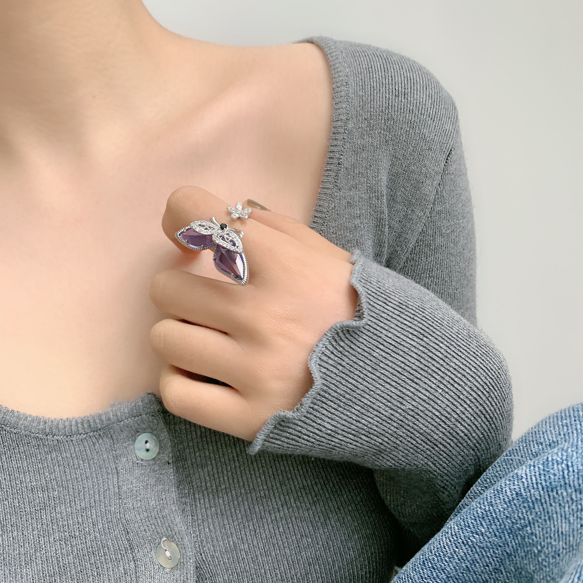 flash diamond rhinestone butterfly zircon open ring