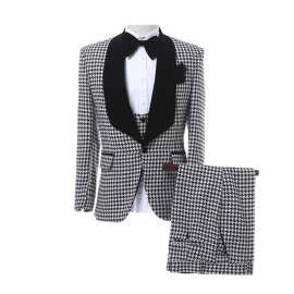 2022夏季休闲款小千鸟格西服套装三件套轻商务晚会伴郎婚礼男西装