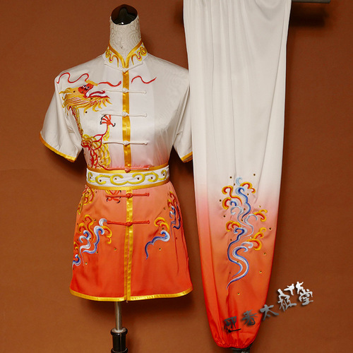 Tai chi clothing chinese kung fu uniforms Changquan martial arts clothing dragon embroidery orange gradual change male and female adult children routine practice martial arts competition performance color clothes