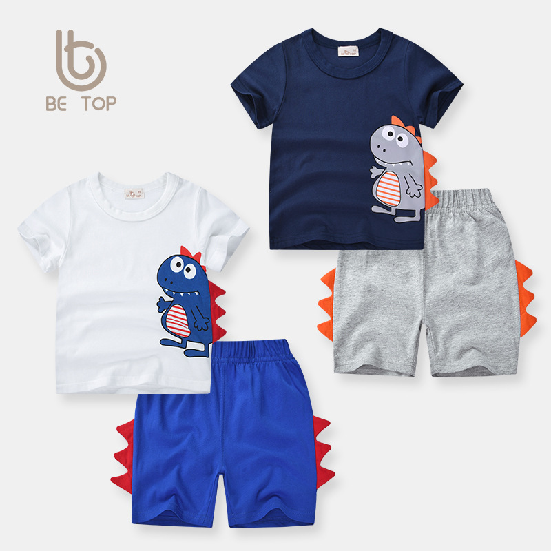 Ser ropa superior para niños 2024 Nueva ropa de verano de estilo coreano dinosaurio tridimensional traje de niño conjunto de dos piezas para niños entrega de distribución