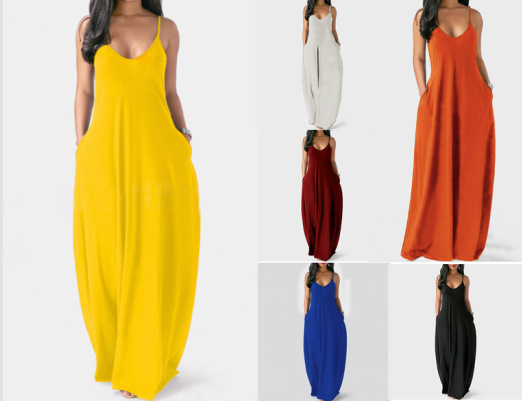 2020欧美夏季新款ebay热卖大码女装纯色性感深V吊带长裙