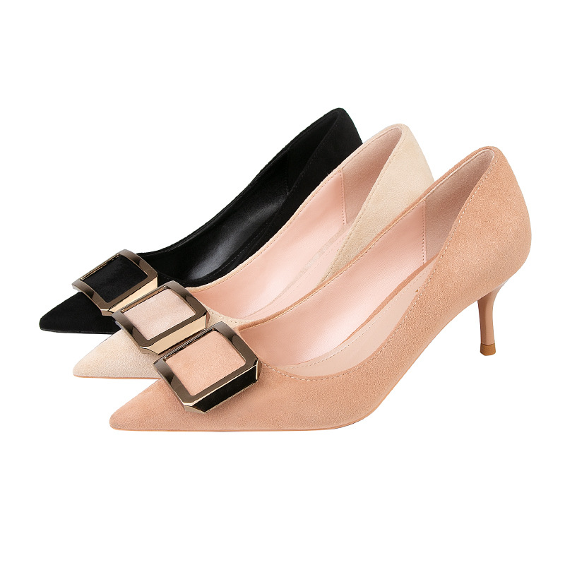 121-6 han edition fashion footwear with suede shallow thin mouth pointed metal documentary shoes buckle sexy show tall women