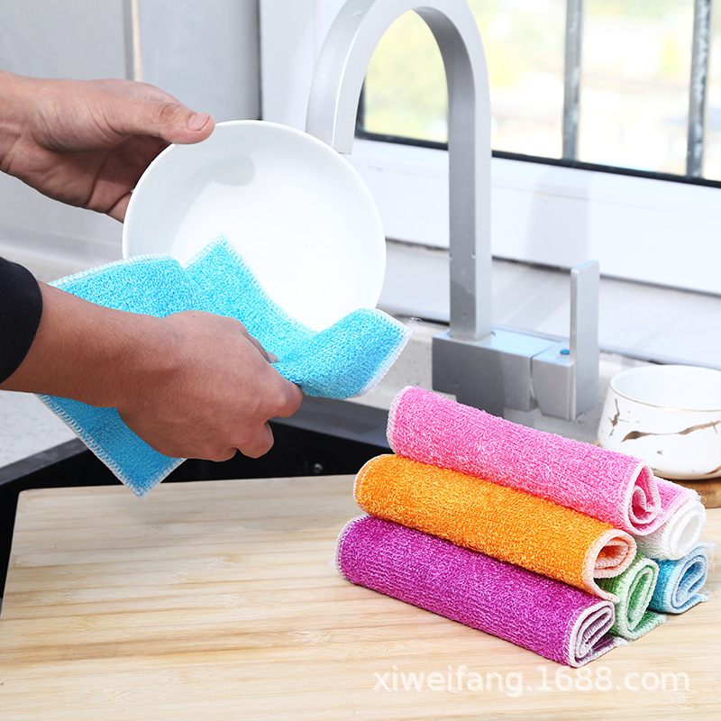Factory wholesale bamboo fiber dishwashing towel is not easy to get oil double layer oil cleaning cloth scouring pad kitchen supplies