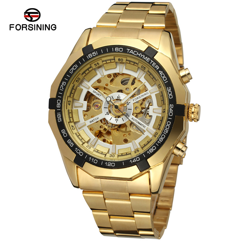 FORSINING correa de acero de los hombres reloj mecánico automático hueco transparente inferior negocio reloj mecánico volante reloj 8042
