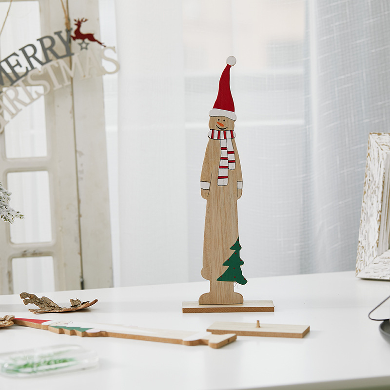 Papá Noel muñeco de nieve de madera pequeño árbol de Navidad decoraciones de hotel escritorio de recepción cafetería centro comercial artesanía pintada a mano