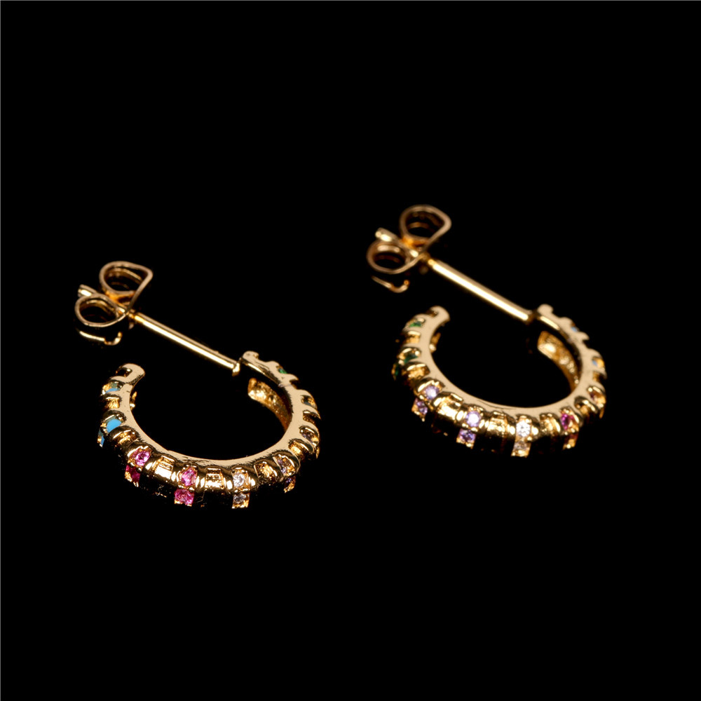 Popular Copper Plated 18k Micro-inlaid Color Zircon C-shaped Earrings display picture 9