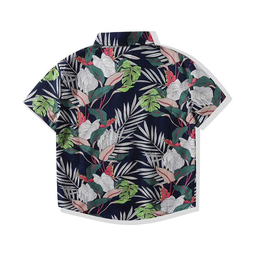 Amazon Comercio exterior transfronterizo ropa para niños 2023 Verano nuevo estilo europeo y americano Camisa de algodón floral tropical de solapa de manga corta para niños