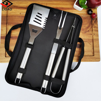 现货亚马逊3件套大管柄不锈钢家用户外阳江手提布袋BBQ烧烤工具|ru
