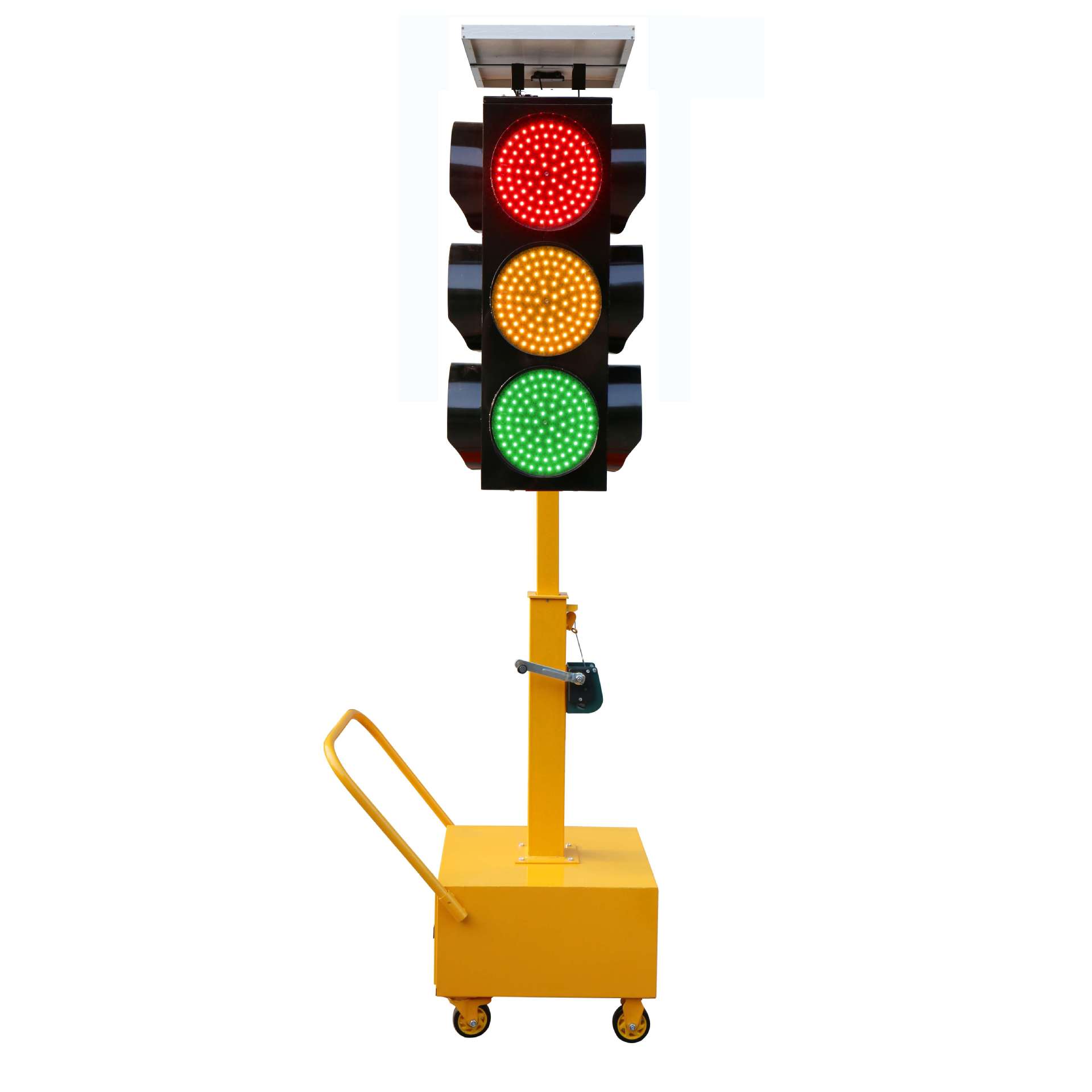 太阳能移动信号灯∮30cm灯盘直径三灯三色四面双向通行手摇式升降|ms