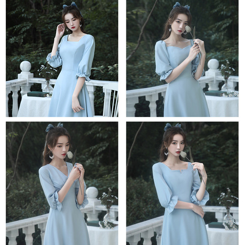 Light blue evening dresses for women girls birthday party gift dresses Bridesmaid dress fairy French long mini dress skirt 